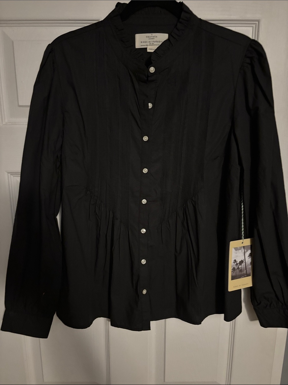 Trovata Black Pintuck Ruffle-Neck Button-Down Blouse